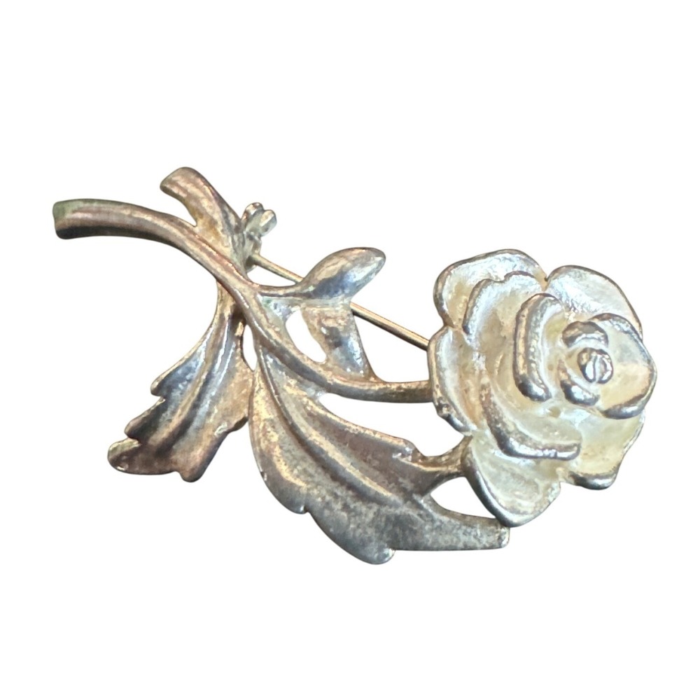 Vintage Silver Tone white Rose Flower Brooch Pin Floral Botanical Jewelry